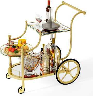 Bar Cart, 3-Tier Rolling Home Bar Serving Cart with Mirrored Shelves & 4 Wheels, Mobile Beverage & Wine Cart (Gold)