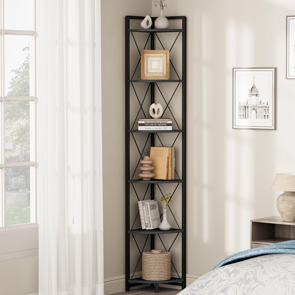 6 Tier Corner Shelf Stand, 78" H Tall Corner Bookshelf, Black