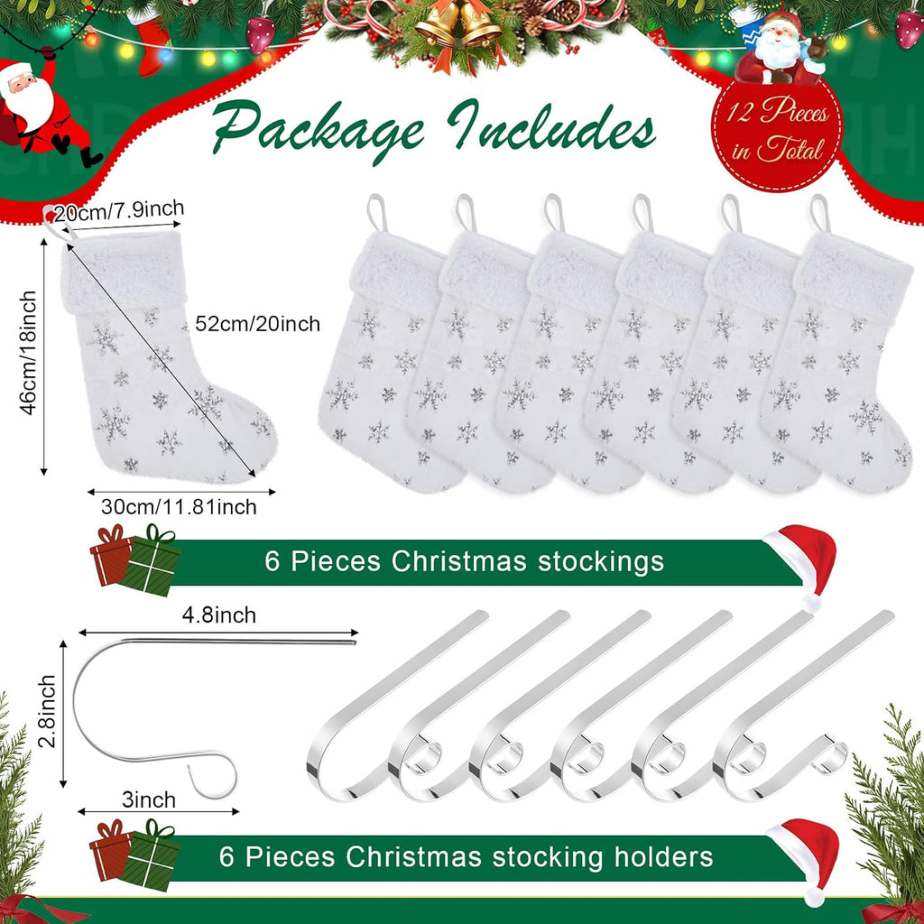 6 Pcs Christmas Stockings 6 Holders White Fur,Silver,Cute