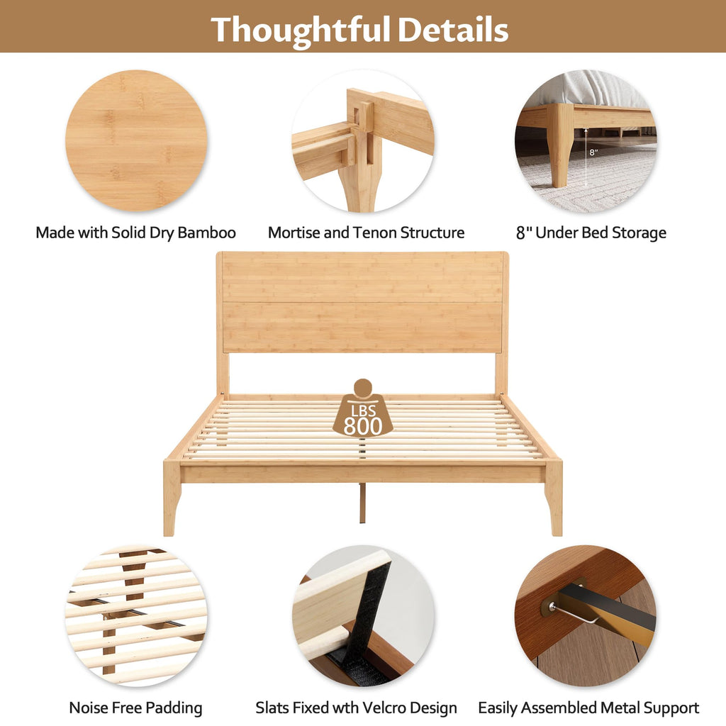 Full Size Bamboo Platform Bed Frame with Tall Headboard, Natural
