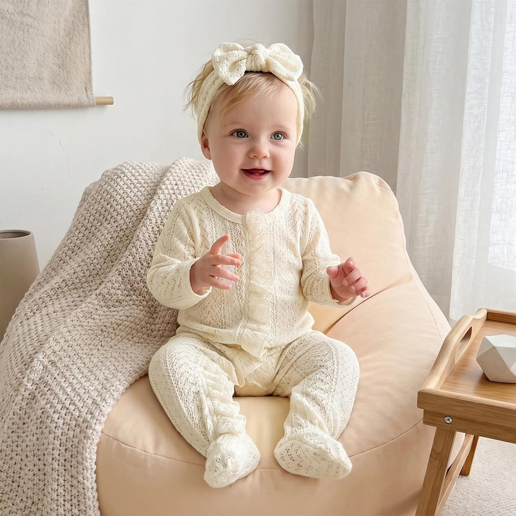Infant Baby Girl Fall Outfit Romper Footies Solid Color Frills Ruffle Trim Jumpsuit Bodysuit Newborn Winter Clothes