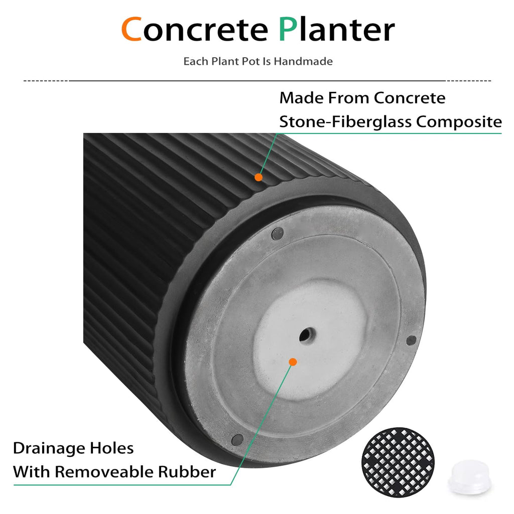 Round Concrete Planter Outdoor Indoor, Large Cement Plant Pots for Flowers (Vertical Black, 12 inch)