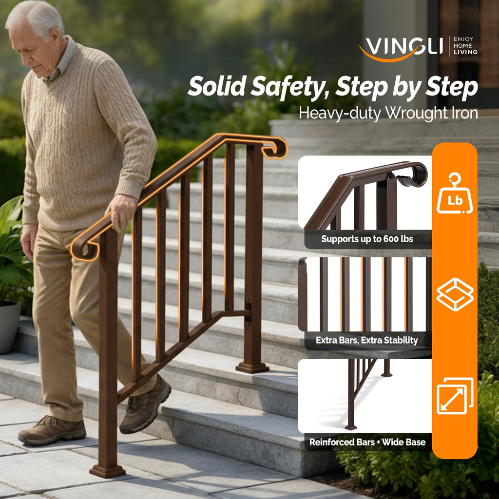 2 Pack Handrails for Outdoor Steps, Stair Handrail Kit Fits 1 to 5 Steps, Wrought Iron Hand Rail with Curved End &