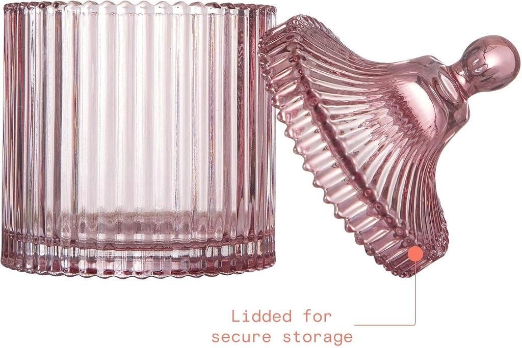 Rose Pink Ribbed Glass Lidded Storage Jar, Elegant Decorative Canister, Multipurpose Container For Jewelry, Trinkets