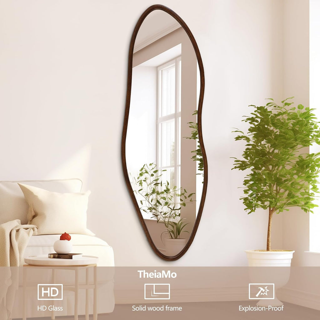 Irregular Full Length Mirror, 65"x22" Wooden Farmhouse Full Body Mirror, Large Asymmetrical Wall Mirrors Entryway