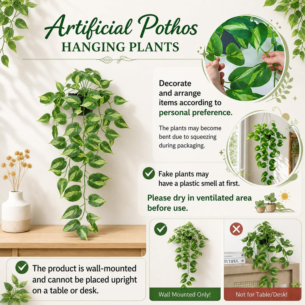 Artificial Pothos Hanging Plants - 2 Pack Silk Ivy Vines with Black Pots, Realistic Fake Greenery for Indoor Home