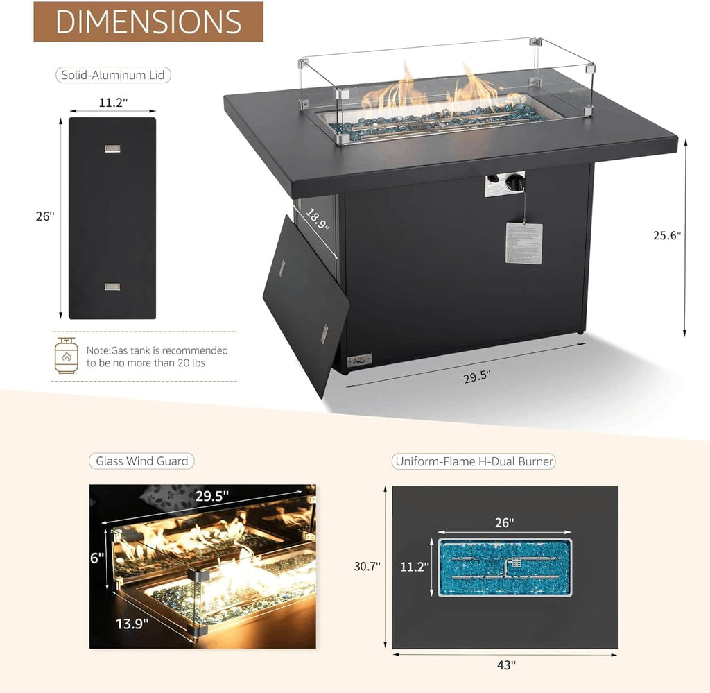 43" Aluminum Propane Gas Fire Pit Table, 60000 BTU Outdoor Patio | Natural Gas Dual Fuel, CSA Certified, Wind Guard