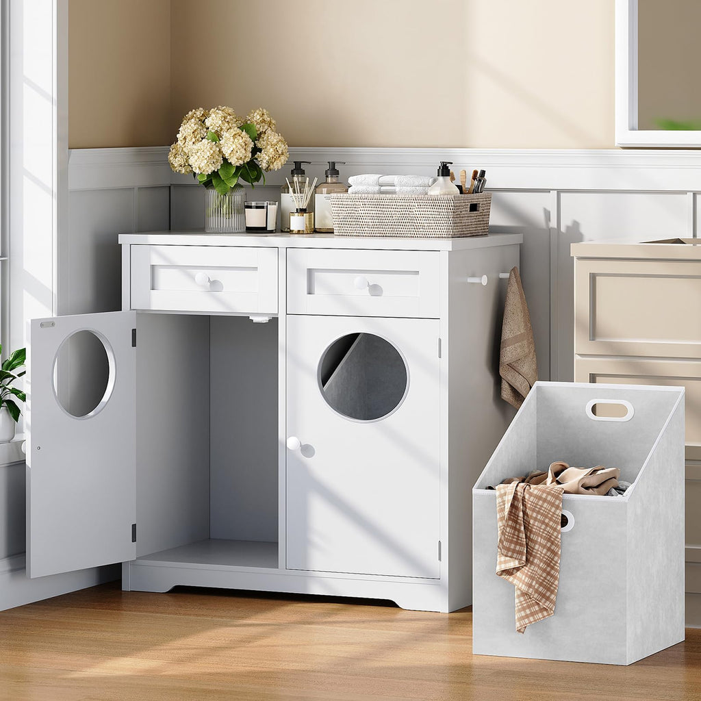 Double Laundry Hamper Cabinet, Hidden Laundry Cabinet with 2 Drawers & 2 Baskets, 20 Gallon Farmhouse Bathroom