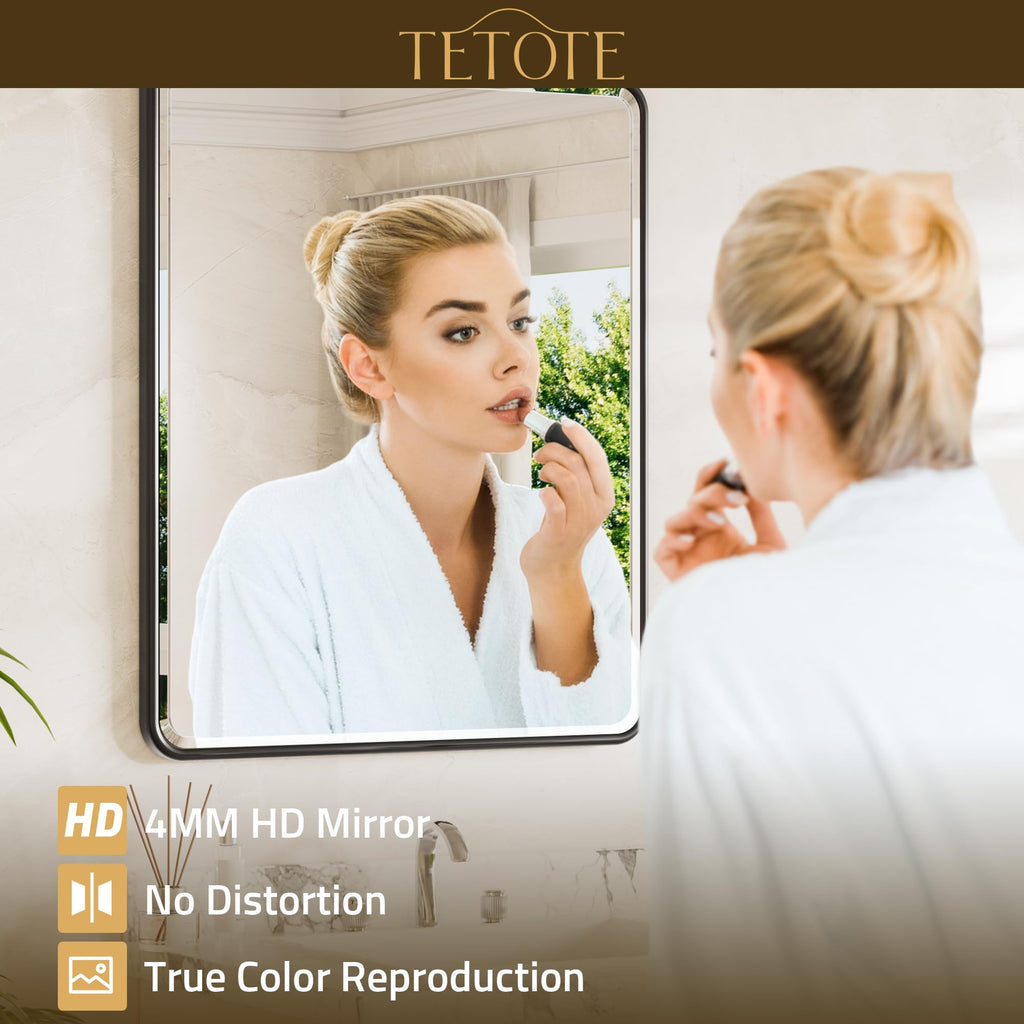 Black Mirrors for Wall 40 x 30 Beveled Edge Tempered Glass, Rounded Corner Rectangle Framed Mirror for Modern