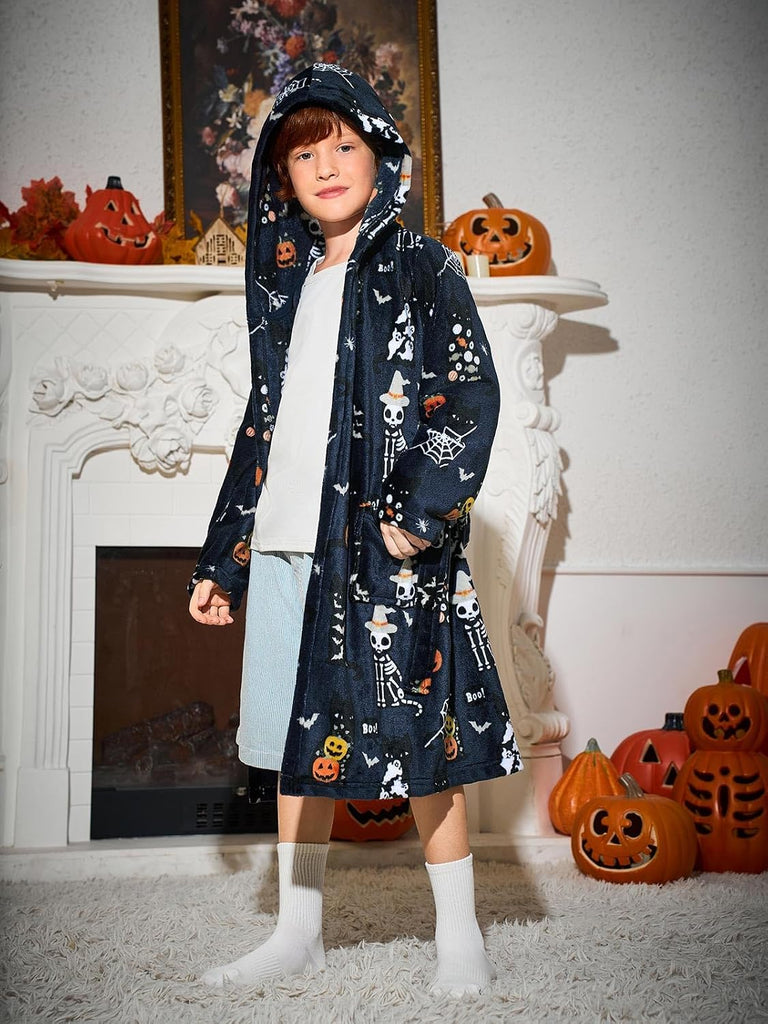 Boys Fleece Robe Kids Plush Hooded Bathrobe Winter Warm Soft Fuzzy Sleepwear