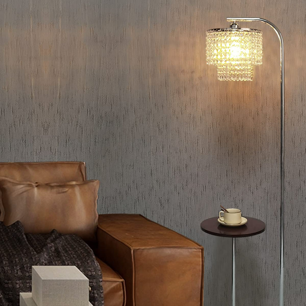 Arc Crystal Floor Lamp - Marble Base Modern Tall Stand Up Light with Table, Contemporary Over the Couch Chrome Lamp