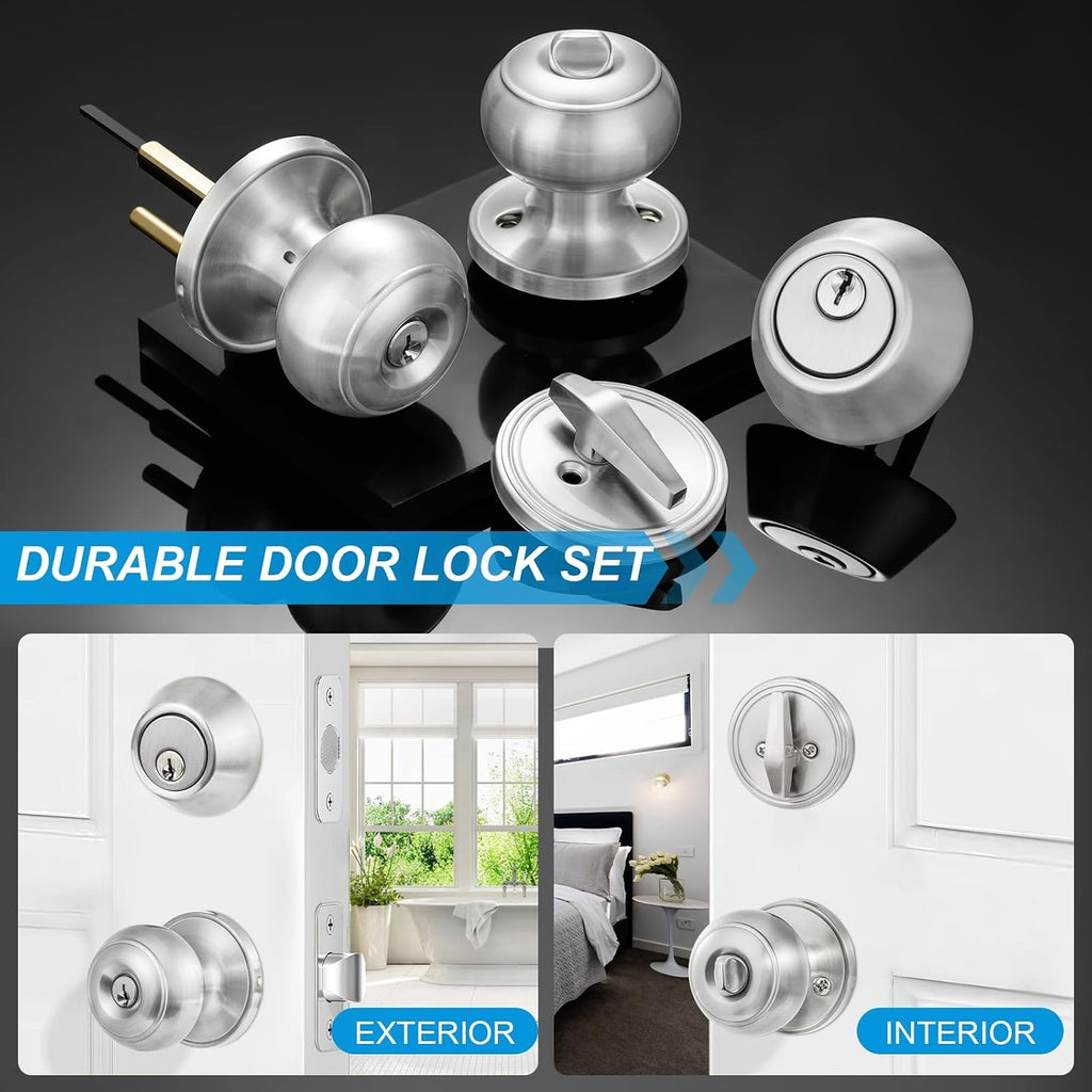 4 Pack Exterior Door Lock Set, Satin Nickel Door Knob and Deadbolt Combo Set, Keyed Alike Entry Door Knobs with