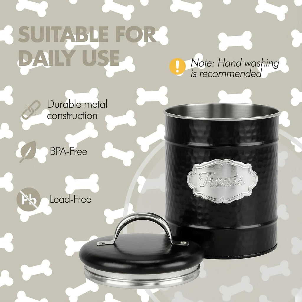 Pet Cavalier Metal Canister Treats Jar, 40 Fluid Ounces, Black and Silver