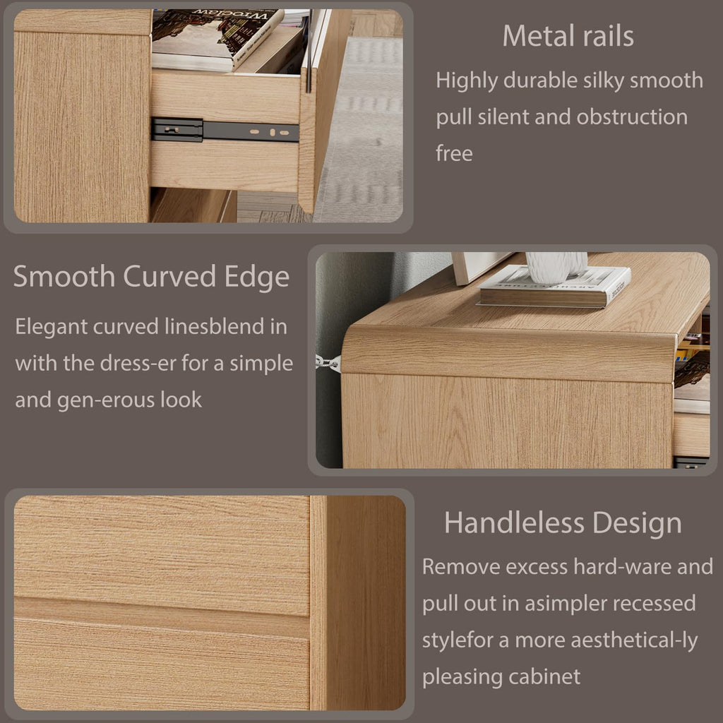 47.2" Dresser with 6 Drawer, Wide Dresser with Recessed Glass Display & Silent Metal Rails, Handleless Chest of