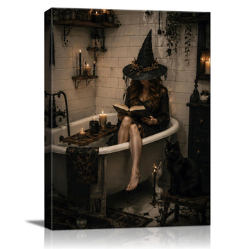 Halloween Canvas Wall Art, Witch in Bathtub with Cat Halloween Pictures
