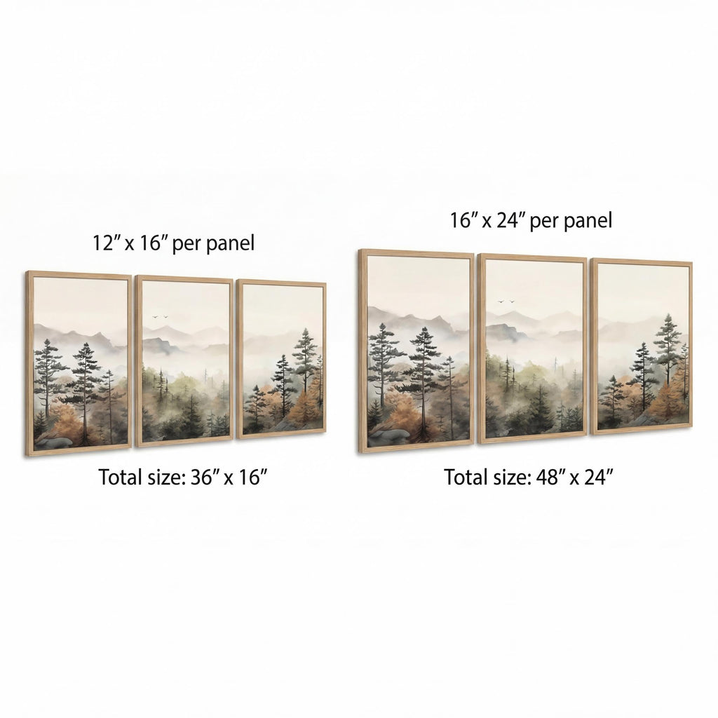 Framed Mountain Landscape Wall Art Set of 3 - Canvas Prints with Real Wood Frame Foggy Pine Tree Misty Forest