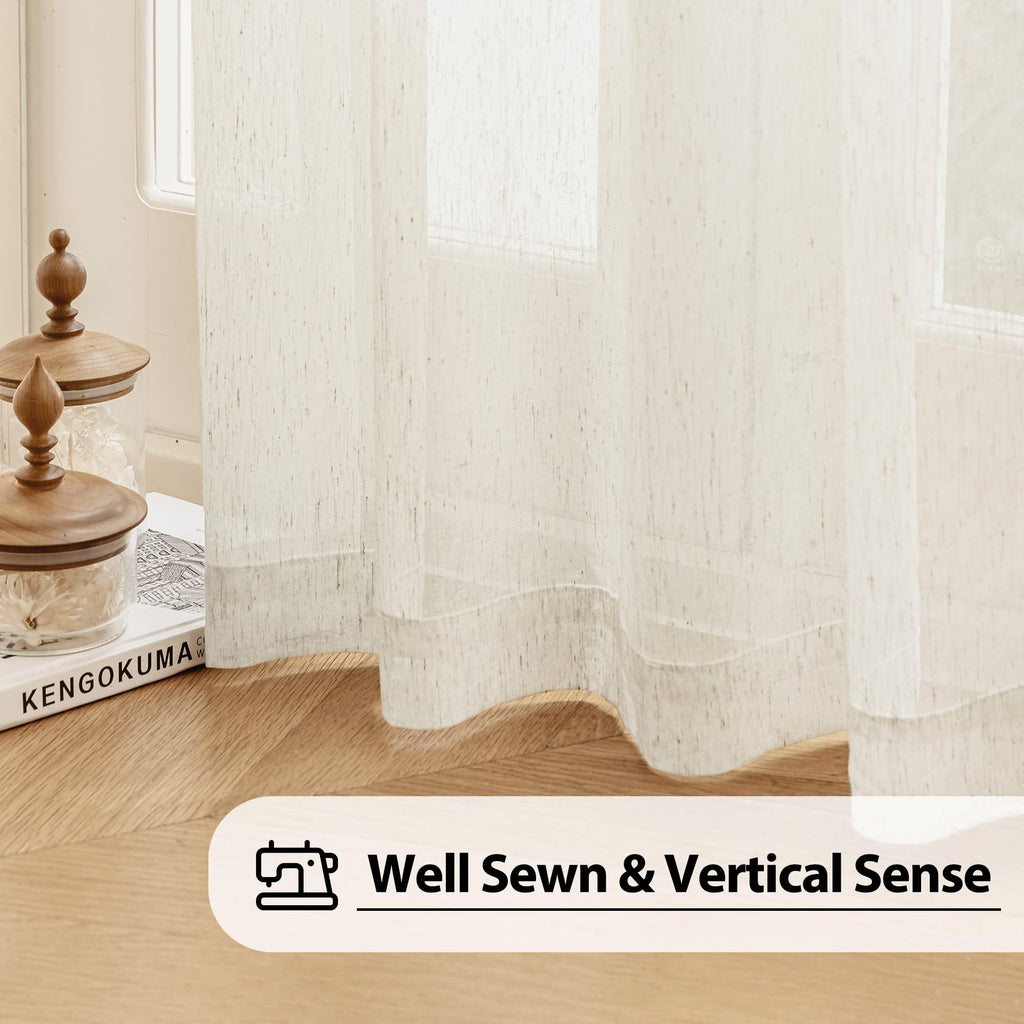 Beige Linen Sheer Curtains, 108 Inches, 2 Panels