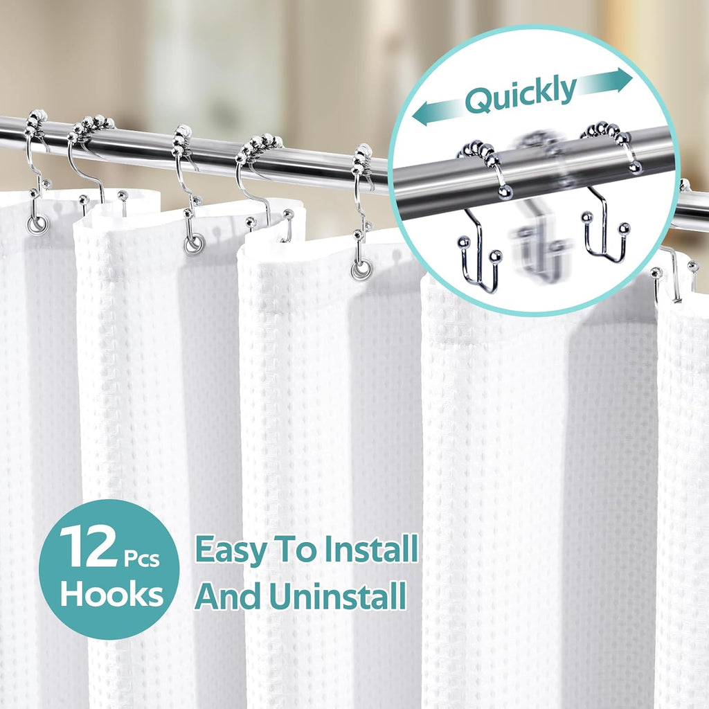 3 in 1 Shower Curtain Set, Waffle Shower Curtain and Liner Set with 12 Double Sided Shower Curtain Hooks, 258GSM