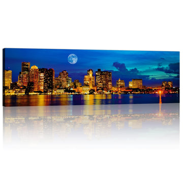Boston Skyline Wall Blue Night Moon Massachusetts Cityscape Painting Canvas Prints USA Boston Downtown Skyscraper