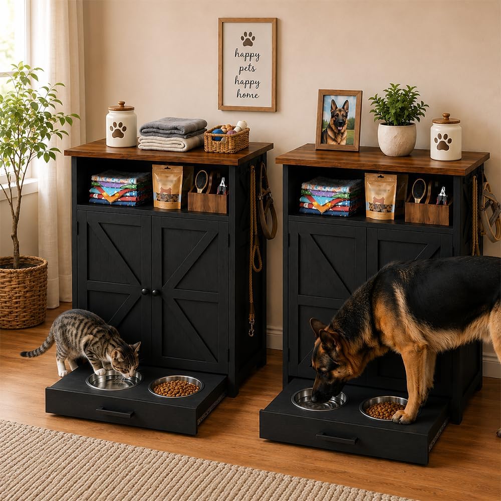 Dog Feeding Station with Storage Cabinet, Brown