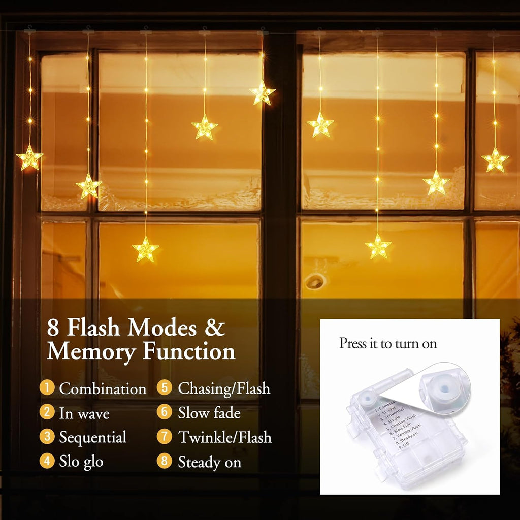 Star Christmas Window Lights, 76 LEDs 9 Stars Curtain Lights Battery Operated with Timer, 8 Mode Xmas Hanging Window