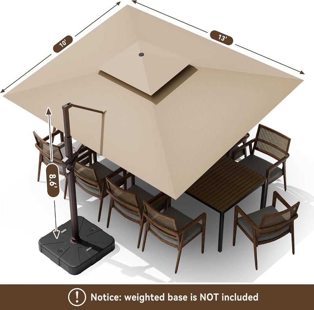 10 X 13 FT Cantilever Outdoor Patio Umbrella with LED Lights Large Heavy Duty 360° Rotation Double Top Offset