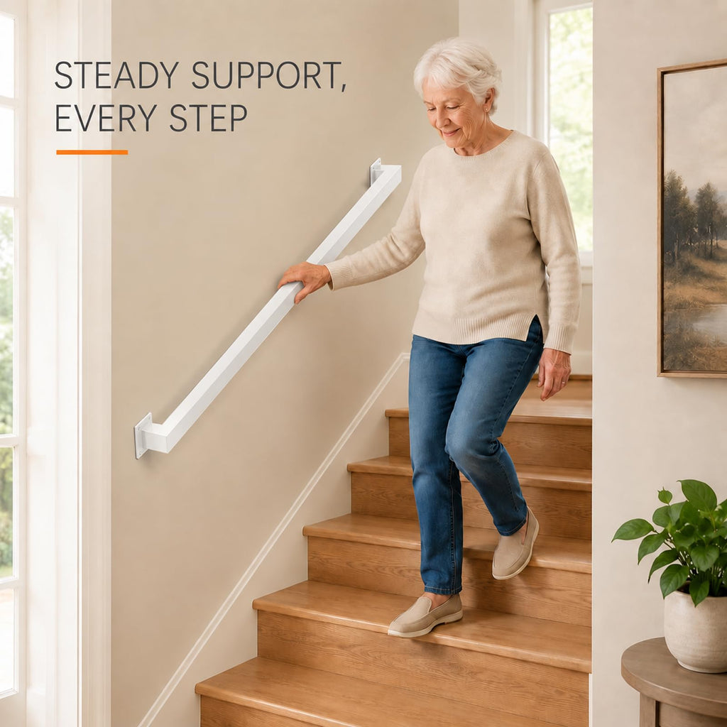 8FT Handrails for Stairs Indoor Outdoor, Step Railing Wall Mounted with Matte Black Finish, Industrial Pipe Hand