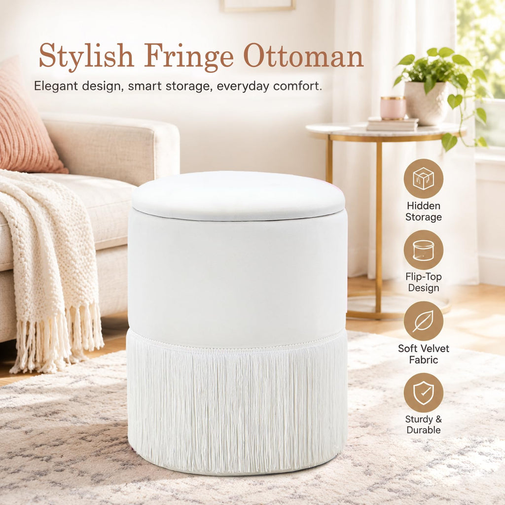 Round Storage Ottoman, Tassel Fringe Velvet Vanity Chair (White)