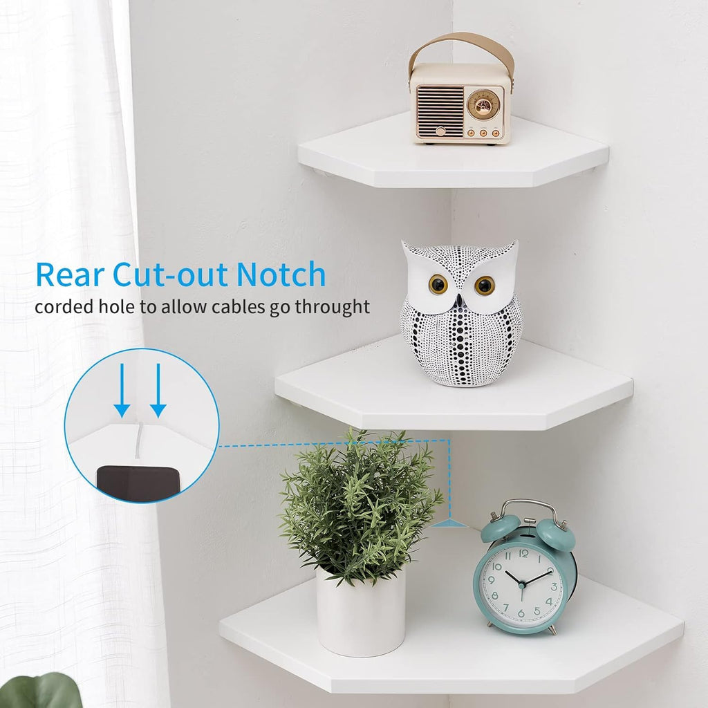 Corner Wall Shelves Set 2 Wire Hole Solid Oak Wood Display Shelf, White