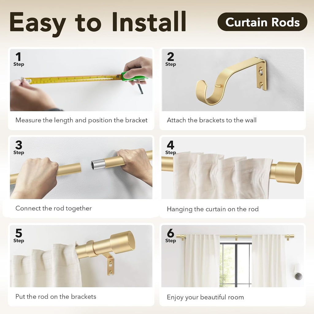Heavy Duty Curtain Rods for Windows, 1 Inch Gold Curtain Rod Adjustable, Decorative Long Curtains Rods