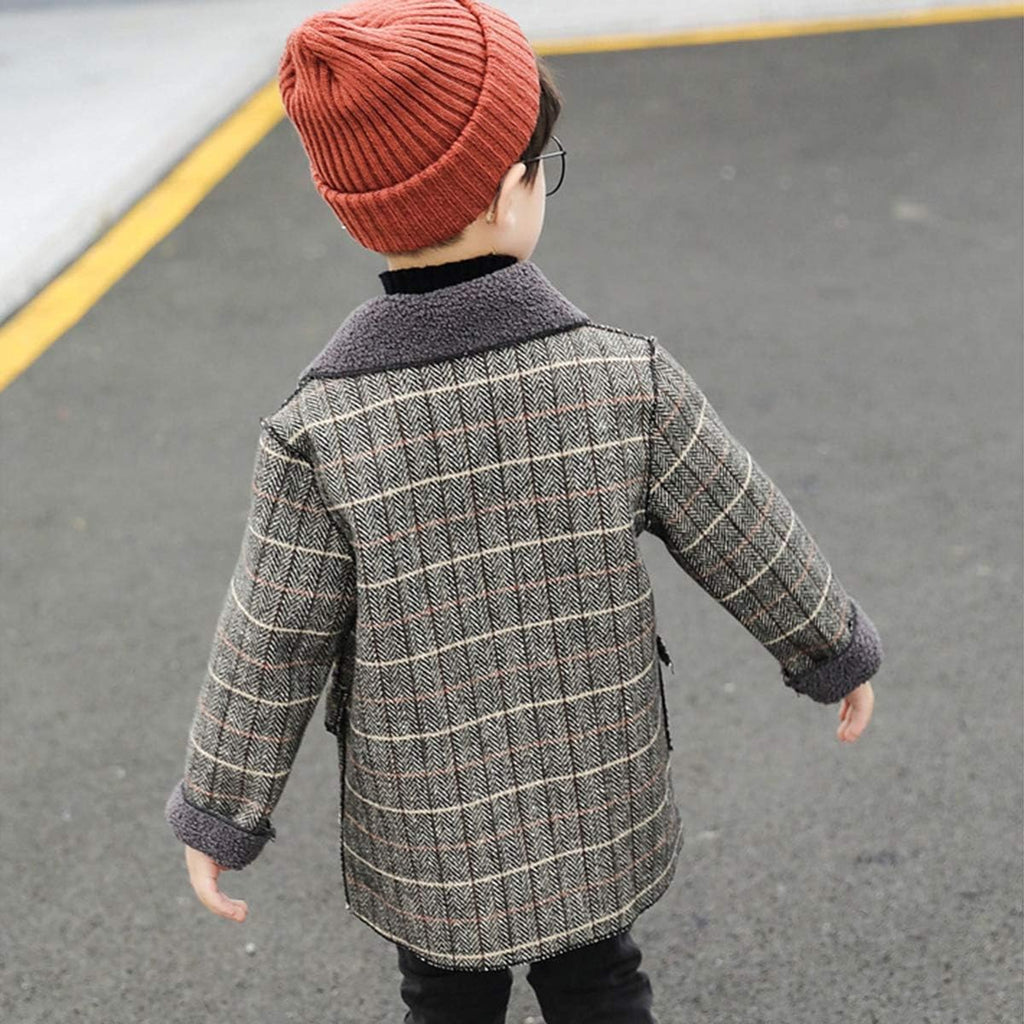 Boy's Pea Coat Faux Wool Double Breasted Trench Jacket Warm Plaid Peacoat
