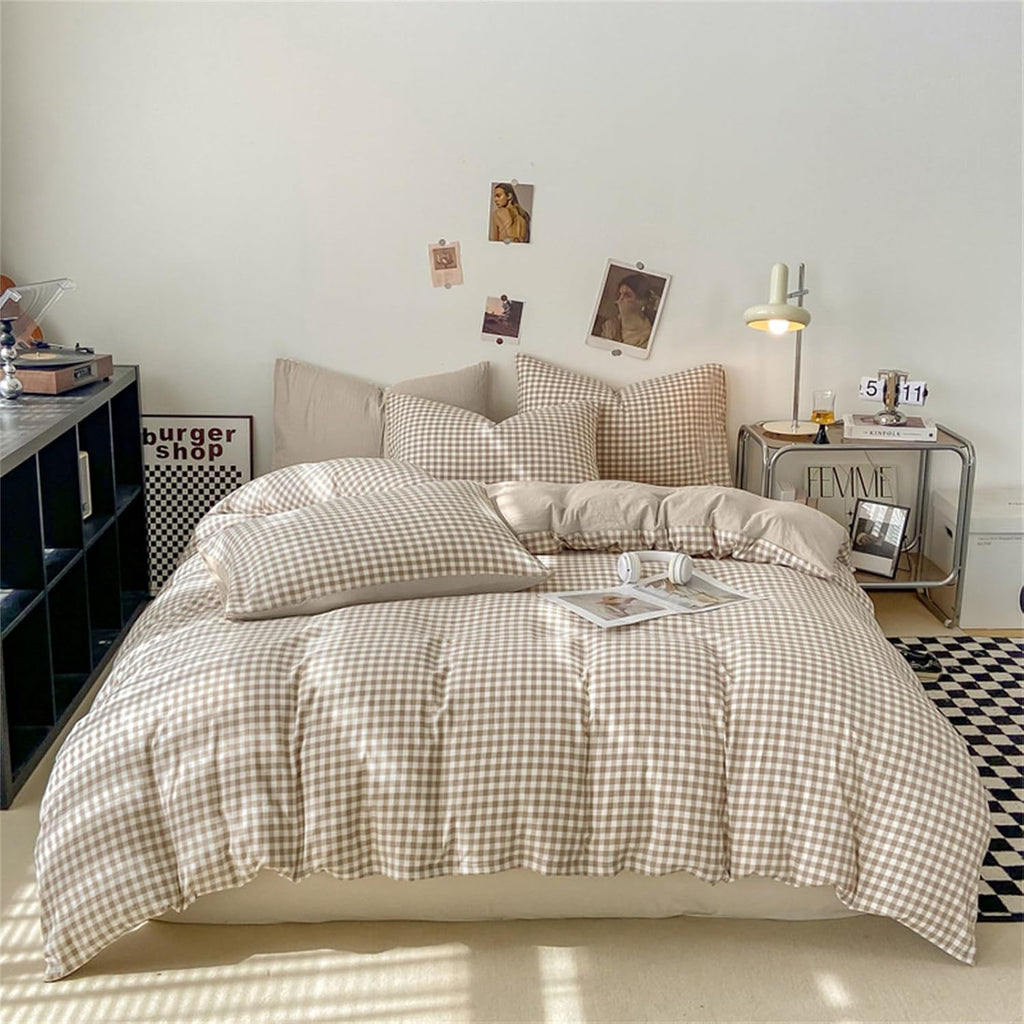 Gingham Duvet Cover Queen Brown Tan Plaid Checkered Comforter Cover Grid Farmhouse Bedding Set 3 Pcs Soft Breathable