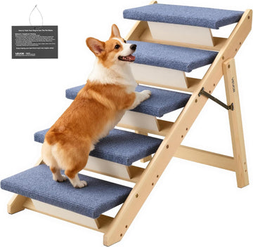 Wood Pet Stairs, 5-Step Dog Stairs for Beds, Sofa & Cars, 150lbs Load Capacity, Floded Flat Design, Stable & Sturdy