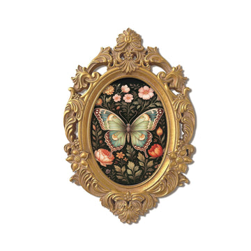 Vintage Oval Wall Art, 3D Embossed Baroque Gold Wooden Frame with Butterfly & Floral Illustration, Nature Wall Decor