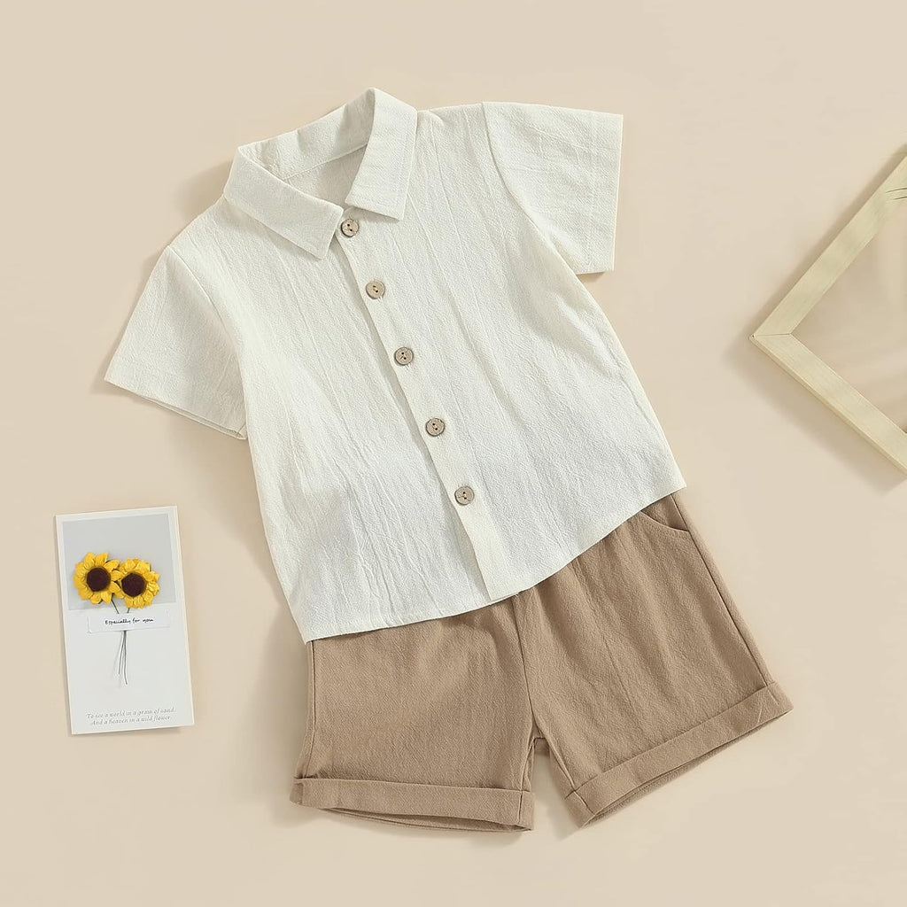 Toddler Baby Boy Summer Outfit Cotton Linen Short Sleeve Button Down Shirt Elastic Waist Shorts 2Pcs Casual Clothes