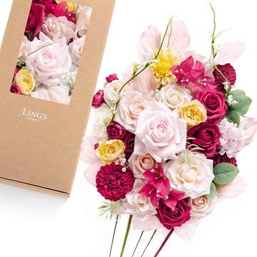 Fake Box, Faux Artificial Greenery Stems Foam Dahlia Gardenia Roses Silk Ranunculus Fabic Flower for Centerpieces
