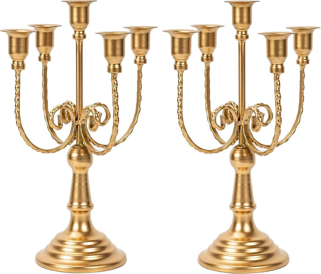 2Pcs Gold Candelabras Centerpieces for Tables, 11.8" Candlestick Holder for Taper Candles, 5 Arm Brass Candelabra
