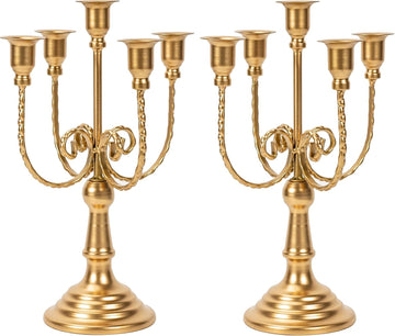 2Pcs Gold Candelabras Centerpieces for Tables, 11.8" Candlestick Holder for Taper Candles, 5 Arm Brass Candelabra