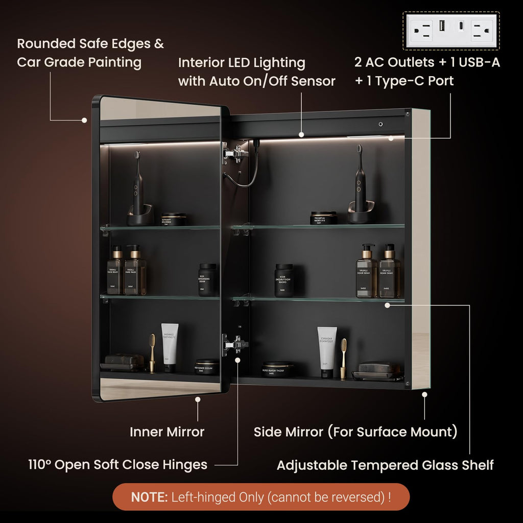 24x32 Black Left-Hinge LED Medicine Cabinet Mirror Round Corner
