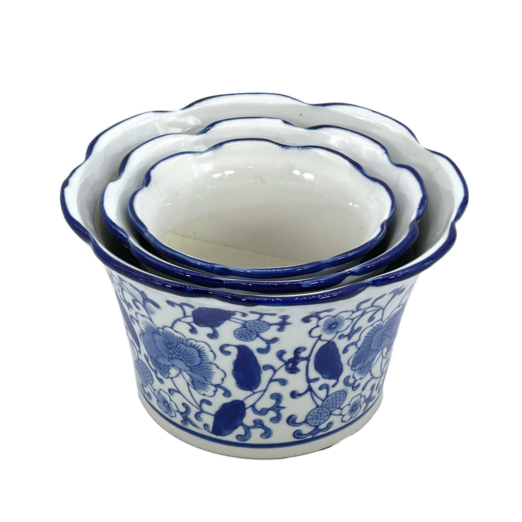 Blue & White Floral Porcelain Ceramic Decorative Flower Pot 8"/6"/4.5" Garden Pots Chinese Asian Design - Set of 3