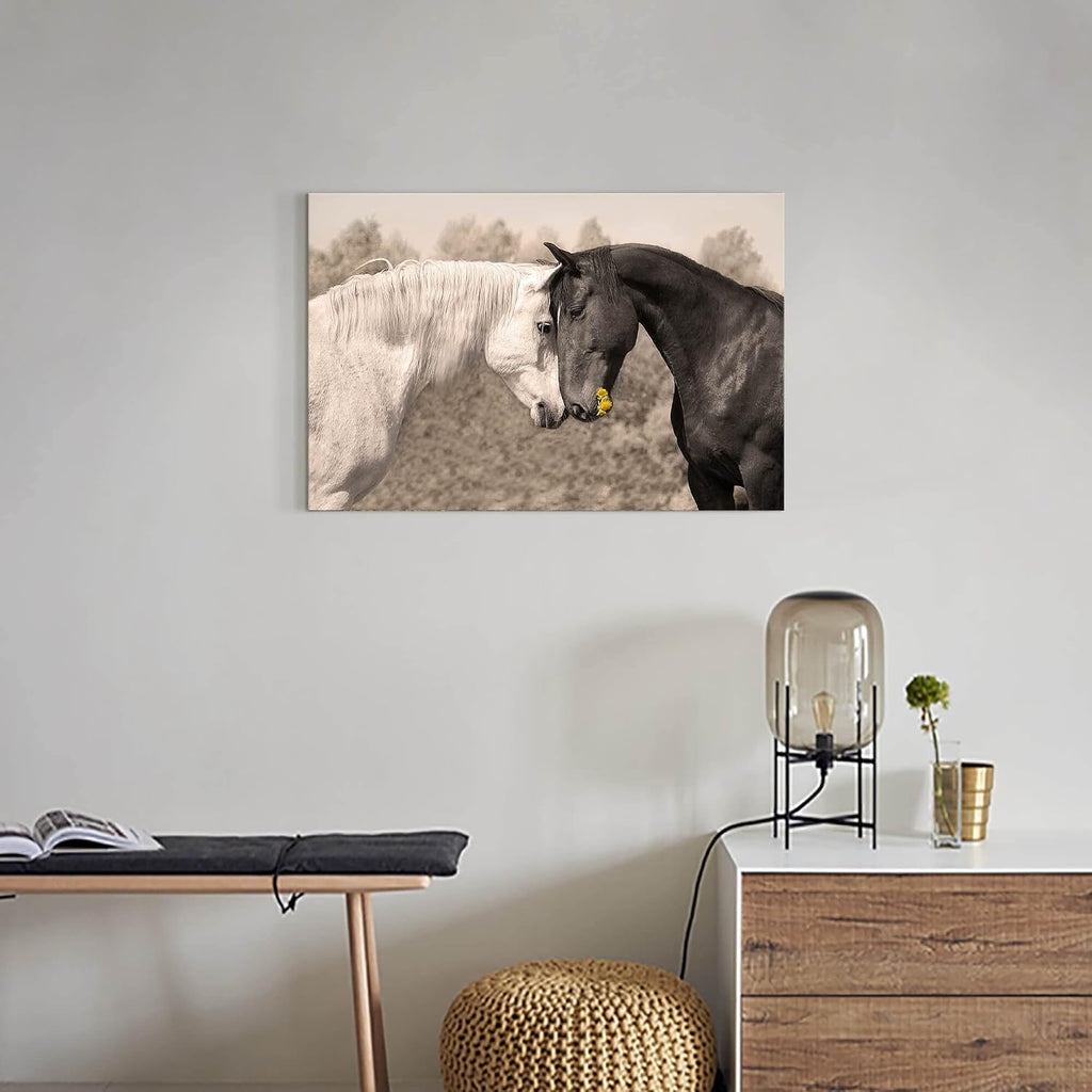 Ranch Horse Canvas Wall Art: Black and White Equines Friendly Painting Lovely Wild Animal Head Prints Country