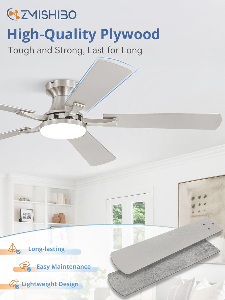 52 Inch Ceiling Fan with Light, App&Remote Control, Flush Mount Low Profile, Dimmable 20W LED Light, Quiet Reversible Motor for Bedroom, Living Room, Apartment, Nickel A101-B0DPHBW77W