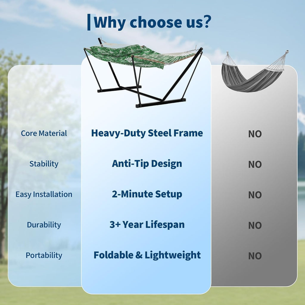 2 Person Outdoor Hammock with Stand, Green Banana Leaf Color | 450 LBS Heavy Duty Anti-Tipping Frame with Balance
