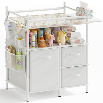 Baby Changing Table, Bamboo Baby Dresser Table with Flat Top, Diaper Changing Station with 3 Removable Storage