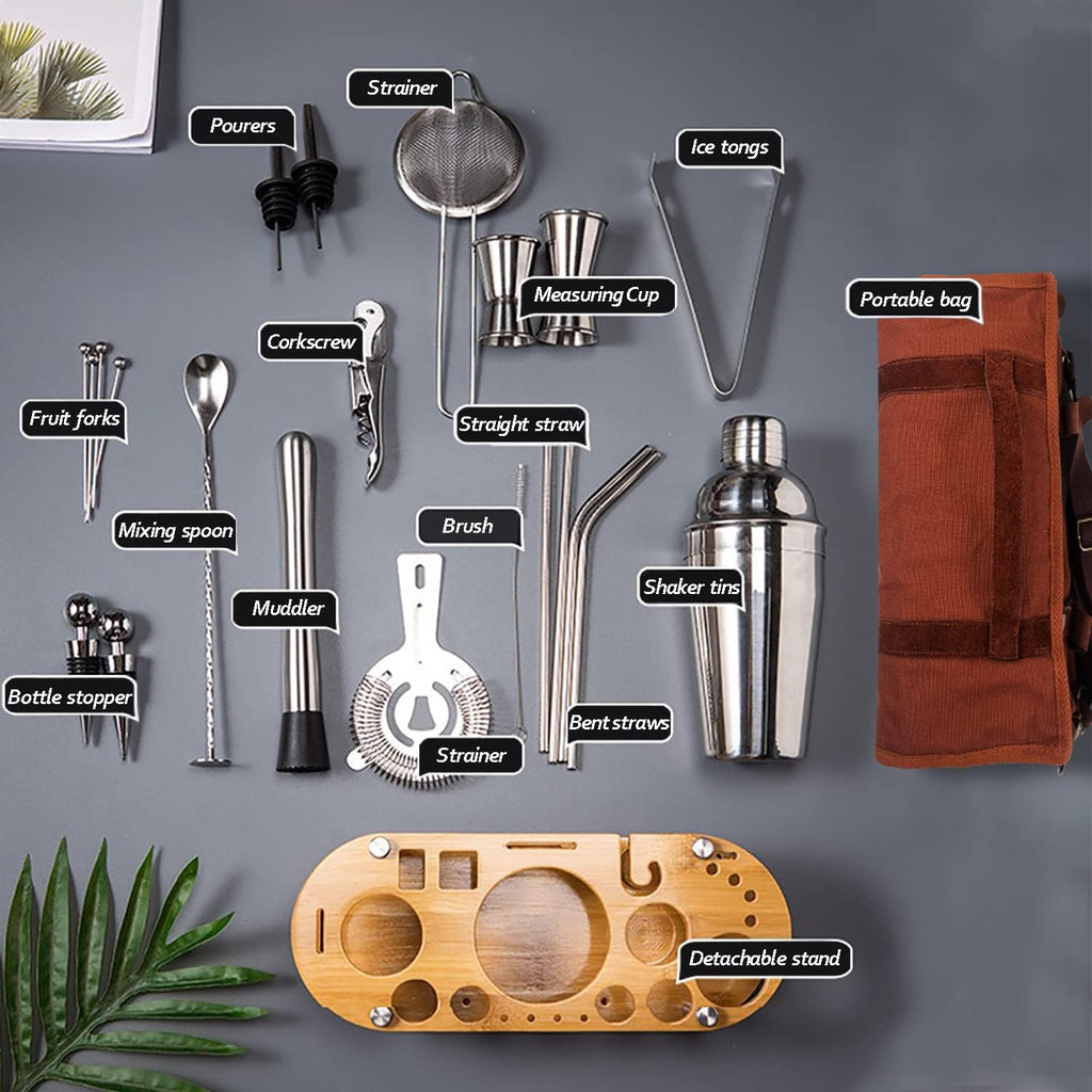 Bartender Kit | Professional 24-Piece Mixology Bar Tool Set | with Travel Bartender Bag and Stylish Bamboo Stand - Set of 24