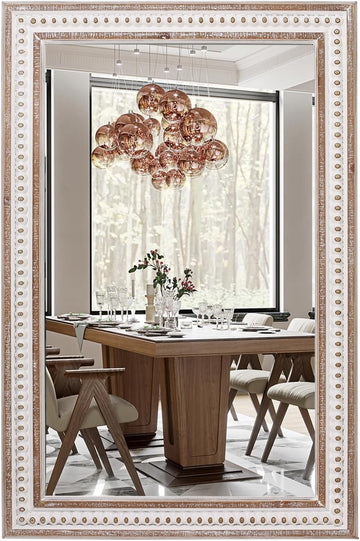 35x23 Inch Boho Wooden Rectangle Mirror , Rustic Farmhouse Decorative Wall Mirrors - Vertical or Horizontal Hanging