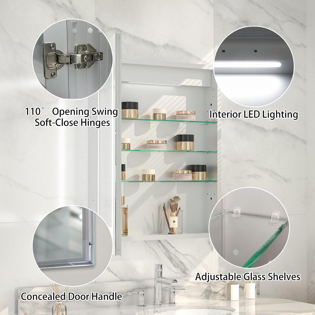 24x30" LED Medicine Cabinet, Anti-fog, Adjustable shelves, Square-ring Glow | Lighted Medicine Cabinet with Mirror