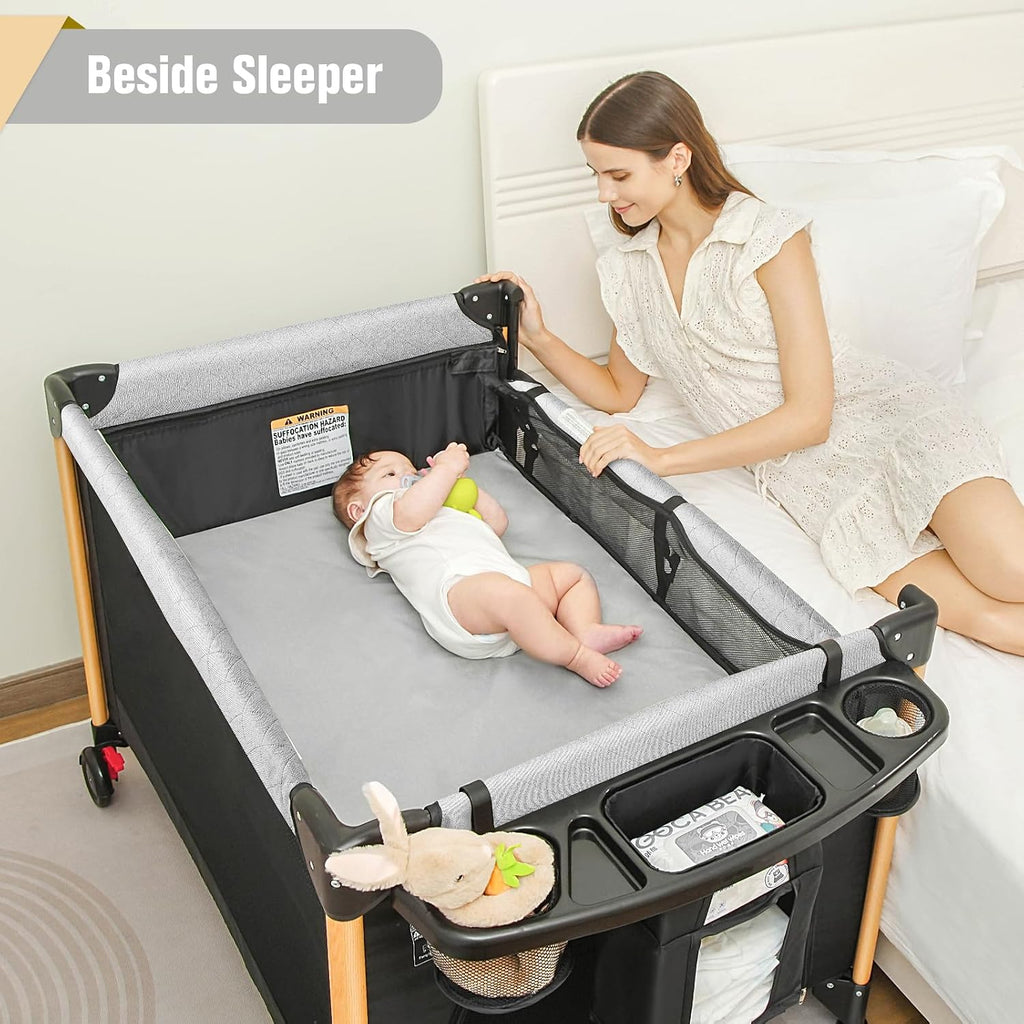 Bassinet 5 in 1 Pack and Play,Baby Crib Portable,Beside Sleeper,Black | One-Second &One-Hand Setup,Playard Adjustable