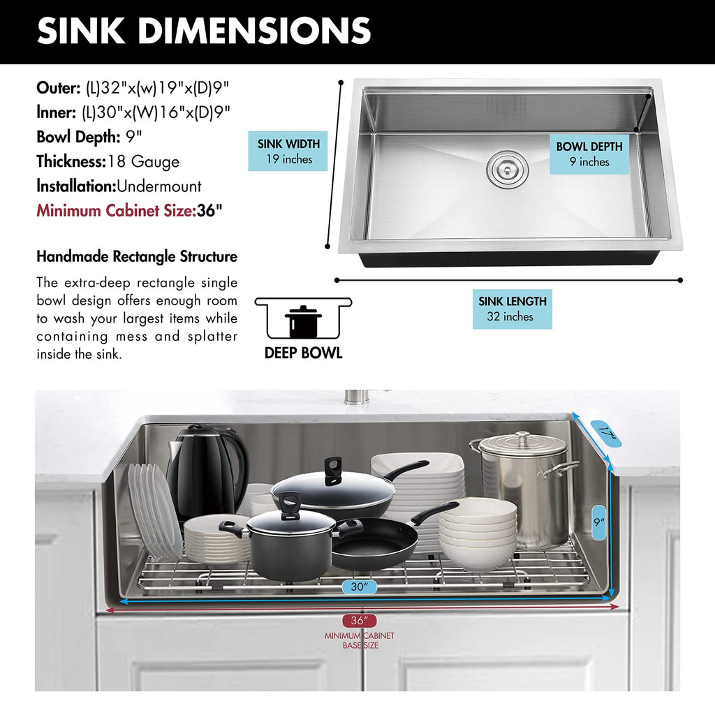 32 inch Undermount Workstation Single Bowl Kitchen Sink With Faucet