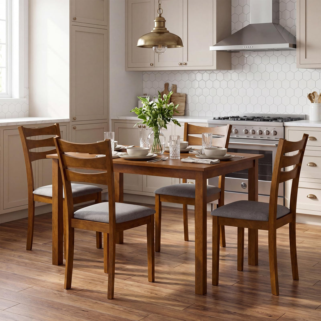 Dining Table Set for 4, Rectangular Kitchen Table Set w/ 4 Upholstered Chairs & Solid Rubber Wood Frame, Space-Saving